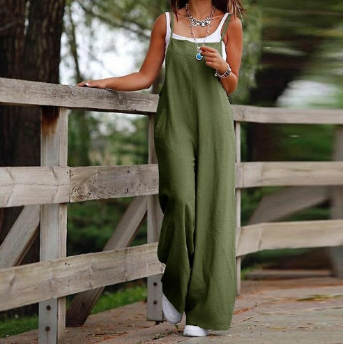 Women's Sleeveless Jumpsuit With Pockets And Adjustable Shoulder Strap Fashion Loose Wide Leg Straight Overalls Summer Beach Trousers